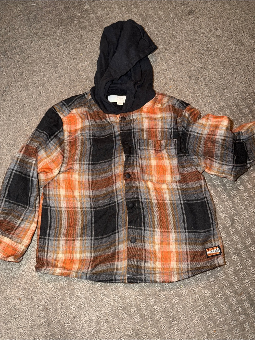 Zara Kids Hooded Flannel Shirt Jacket - Orange & Black Plaid